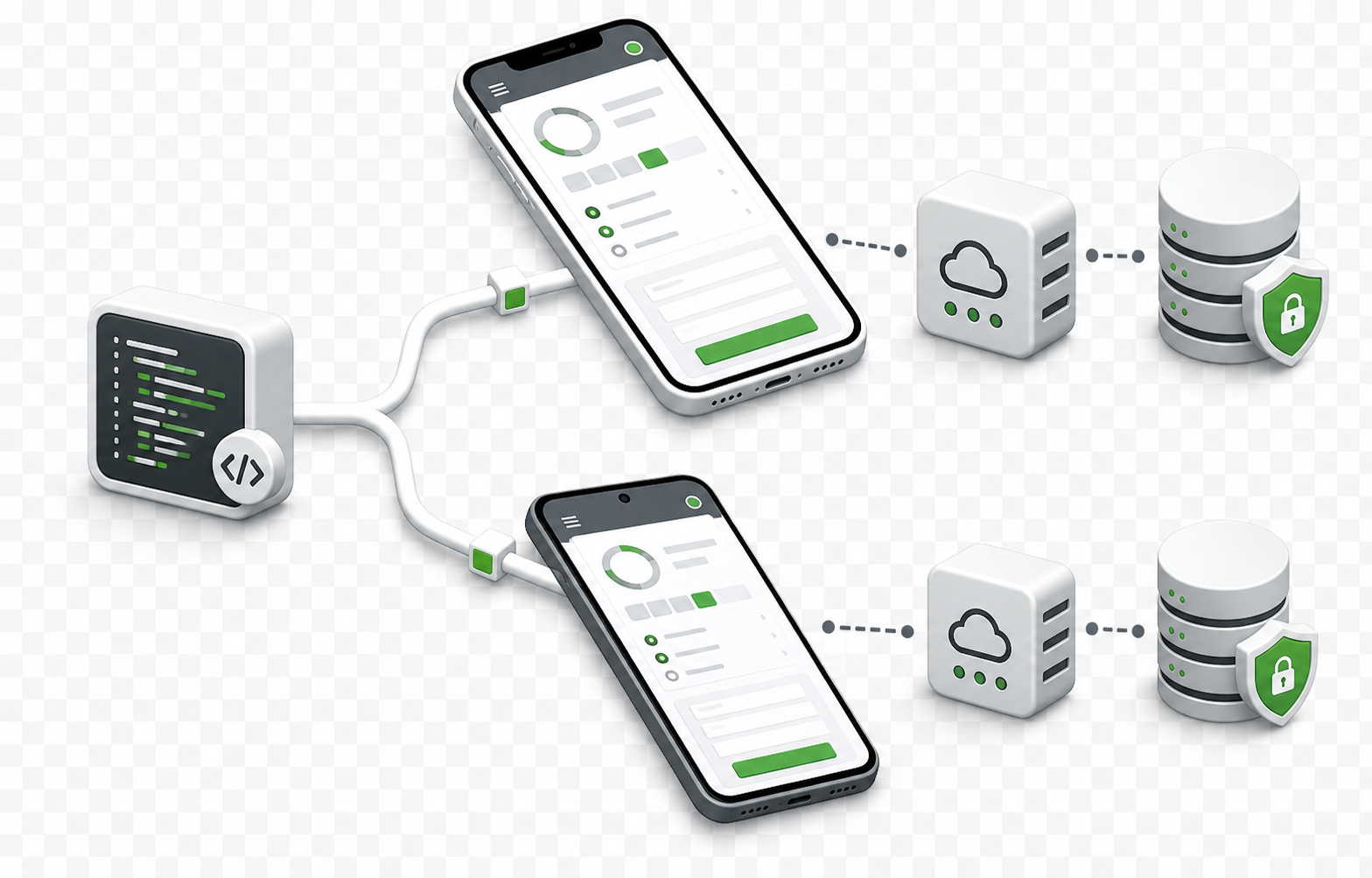 Общий модуль приложения формирует интерфейсы для двух мобильных платформ, которые работают с защищённым API и данными