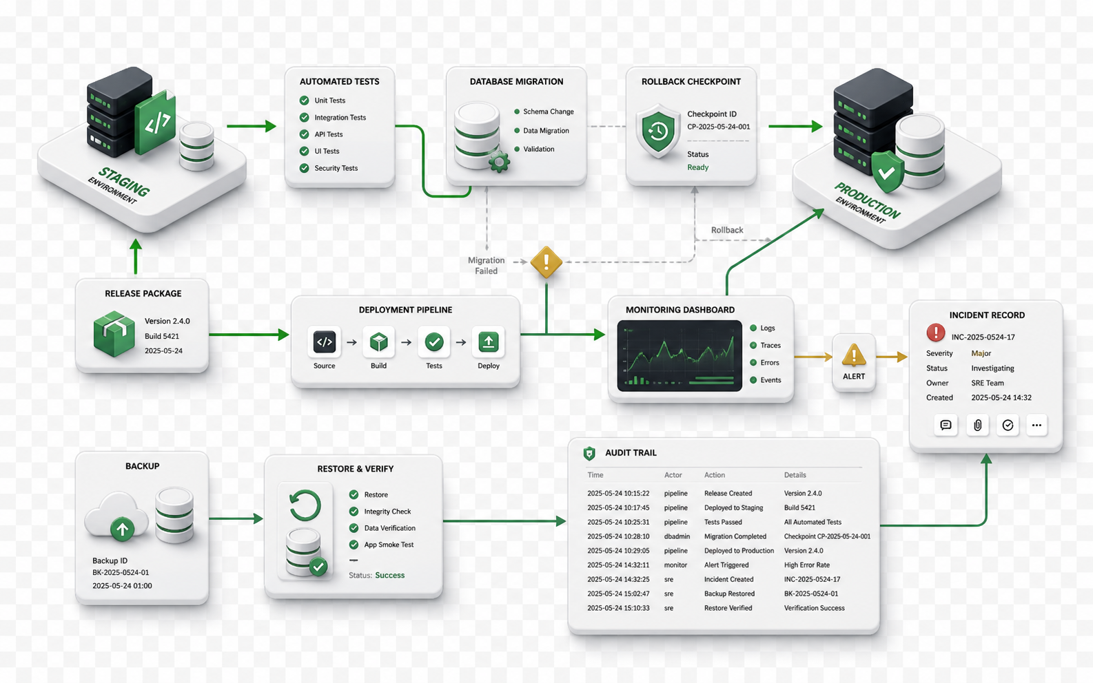 Релиз SaaS проходит тесты, staging, миграцию с контрольной точкой, production, мониторинг, регистрацию инцидента, резервное копирование и проверку восстановления