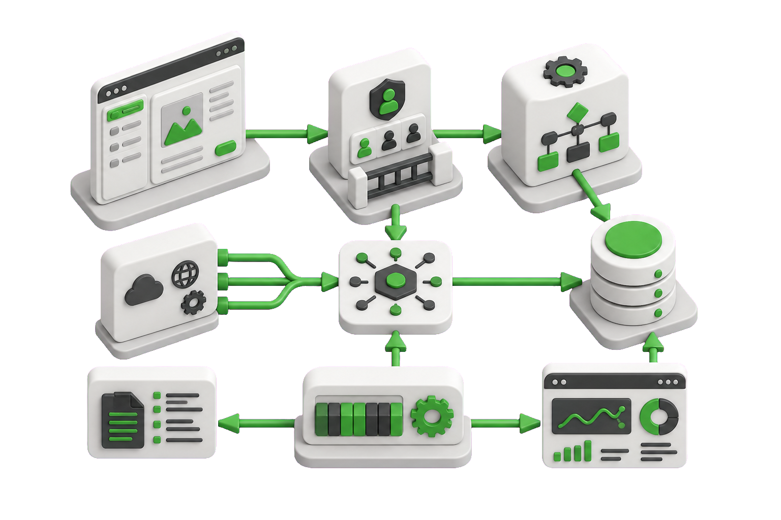 Архитектурная схема связывает интерфейс, роли, бизнес-правила, API, внешние системы, данные, очередь фоновых задач, документацию и мониторинг