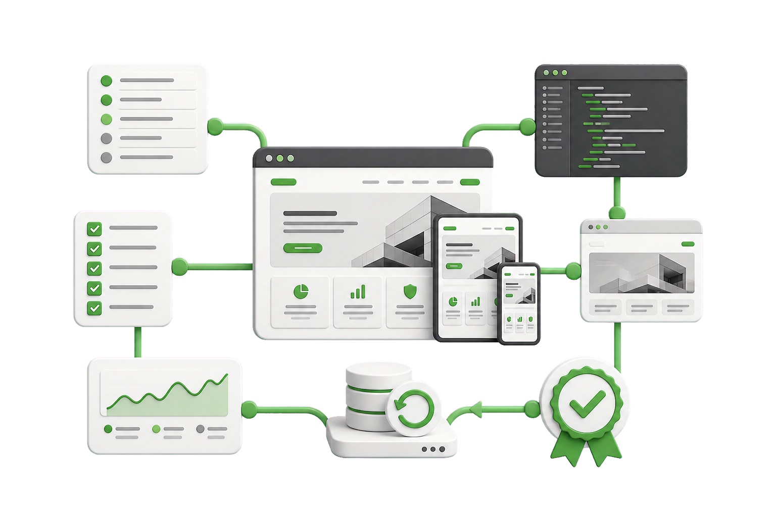 Работающий сайт связан с backlog изменений, разработкой, адаптивными интерфейсами, тестированием, мониторингом, резервной копией и контролируемым выпуском