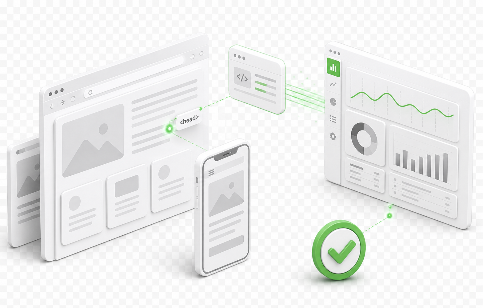 Код счётчика подключён к страницам сайта на desktop и mobile, данные передаются в аналитическую панель, а техническая проверка подтверждает работу установки